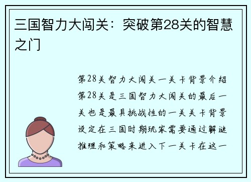 三国智力大闯关：突破第28关的智慧之门